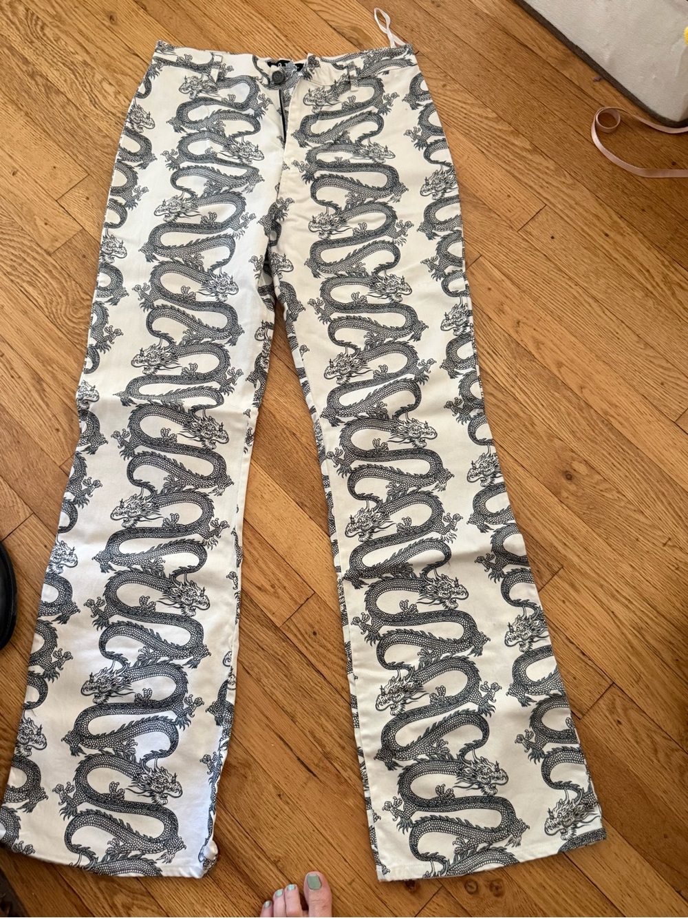 Motel  White Jeans with Gray or navy  Dragon Print - Flare Leg